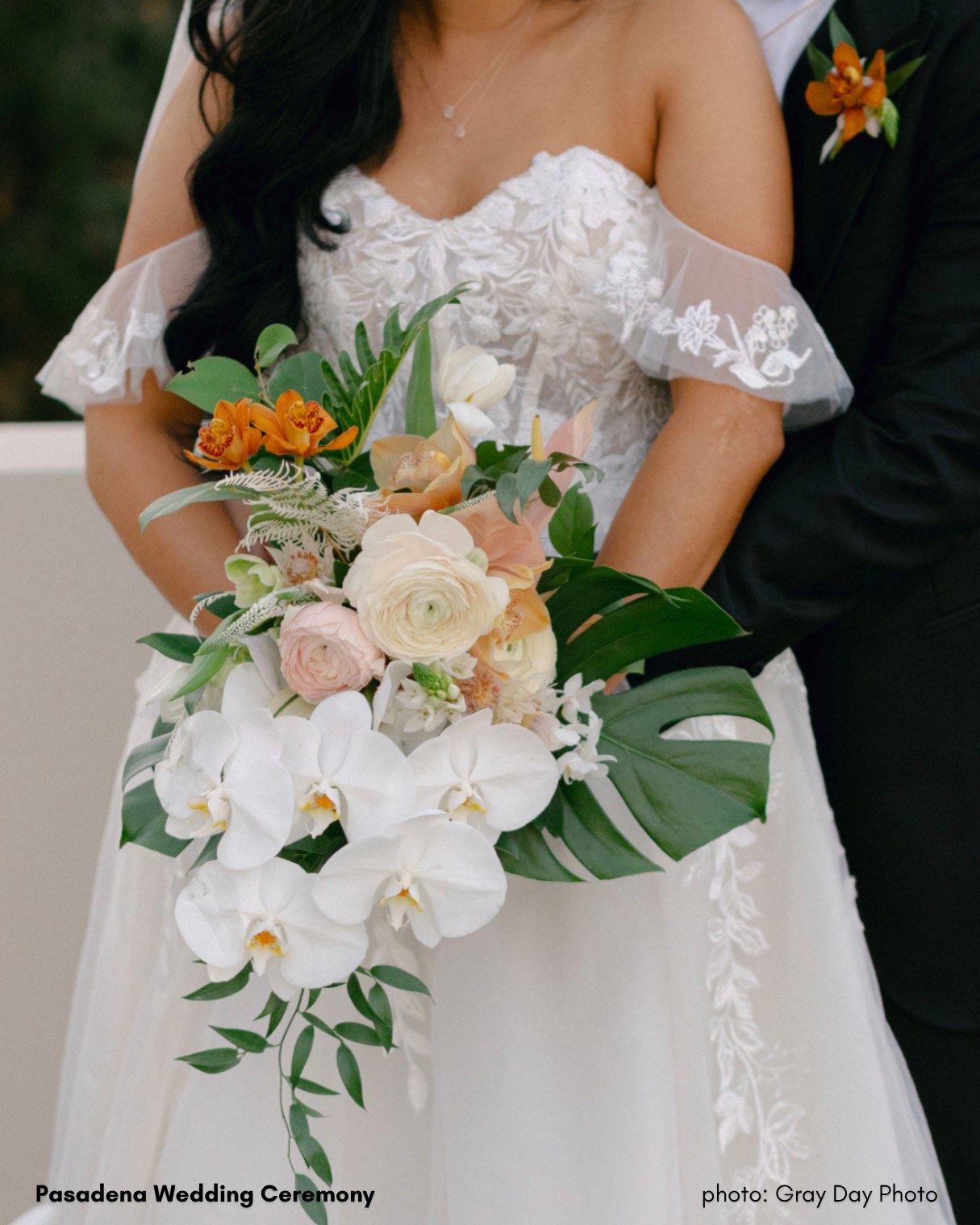 Bride with florals, Pasadena wedding ceremony by Kilkea Design