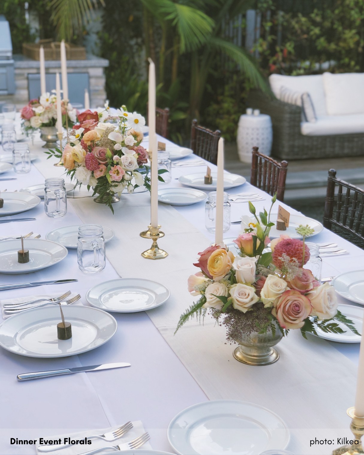 Dinner event tablescape with candlelight and florals by Kilkea Design