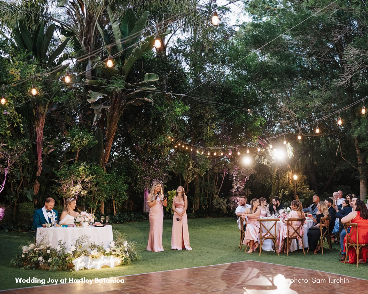 Outdoor reception under string lights, Hartley Botanica wedding by Kilkea Design